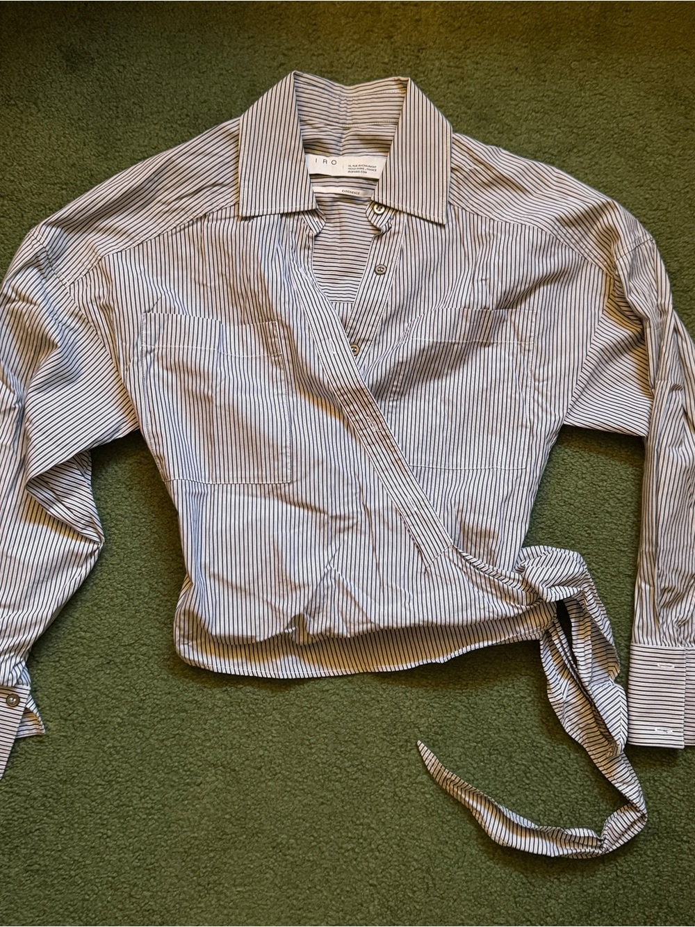 IRO Paris Kensing Gray White Pinstripe Wrap Button Up Shirt - Size 34 XS